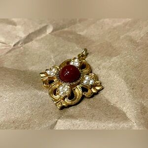 FREE WITH PURCHASE! Vintage Brick Red, Pearl, and Gold Pendant
